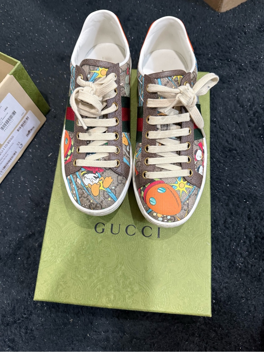 Gucci Kids Brown Leather Cartoon-Print Low-Top Sneakers with Orange Accents